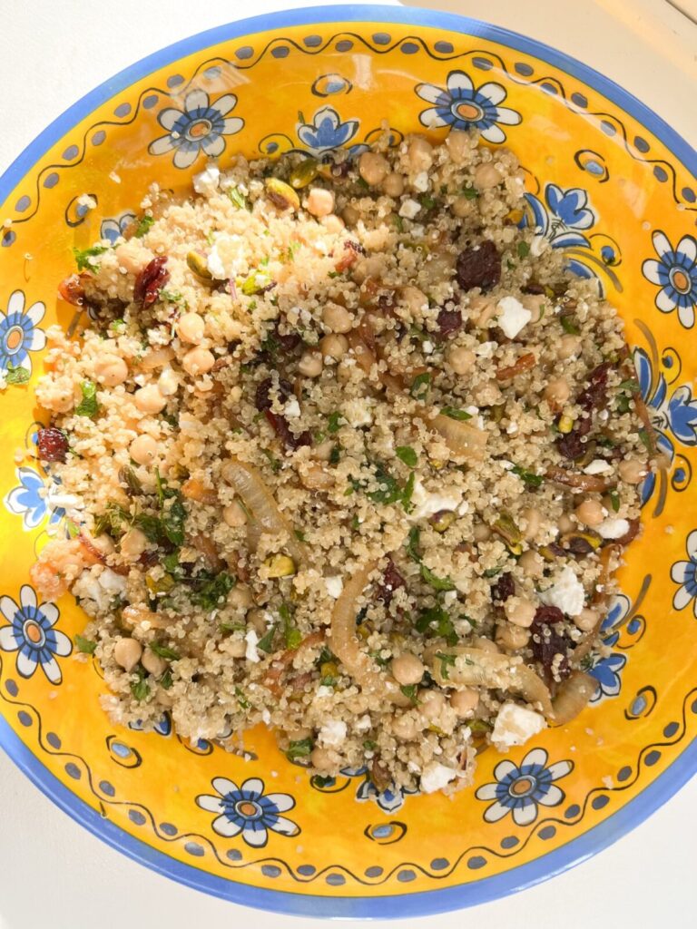 fall quinoa salad with garbanzo beans, cherries, pistachios, and apple cider vinaigrette