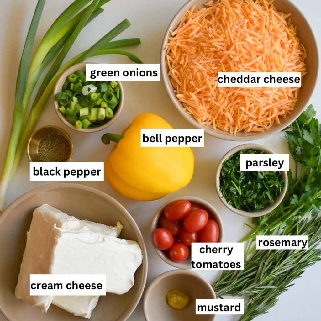 Ingredients for classic cheeseball recipe with a holiday flair