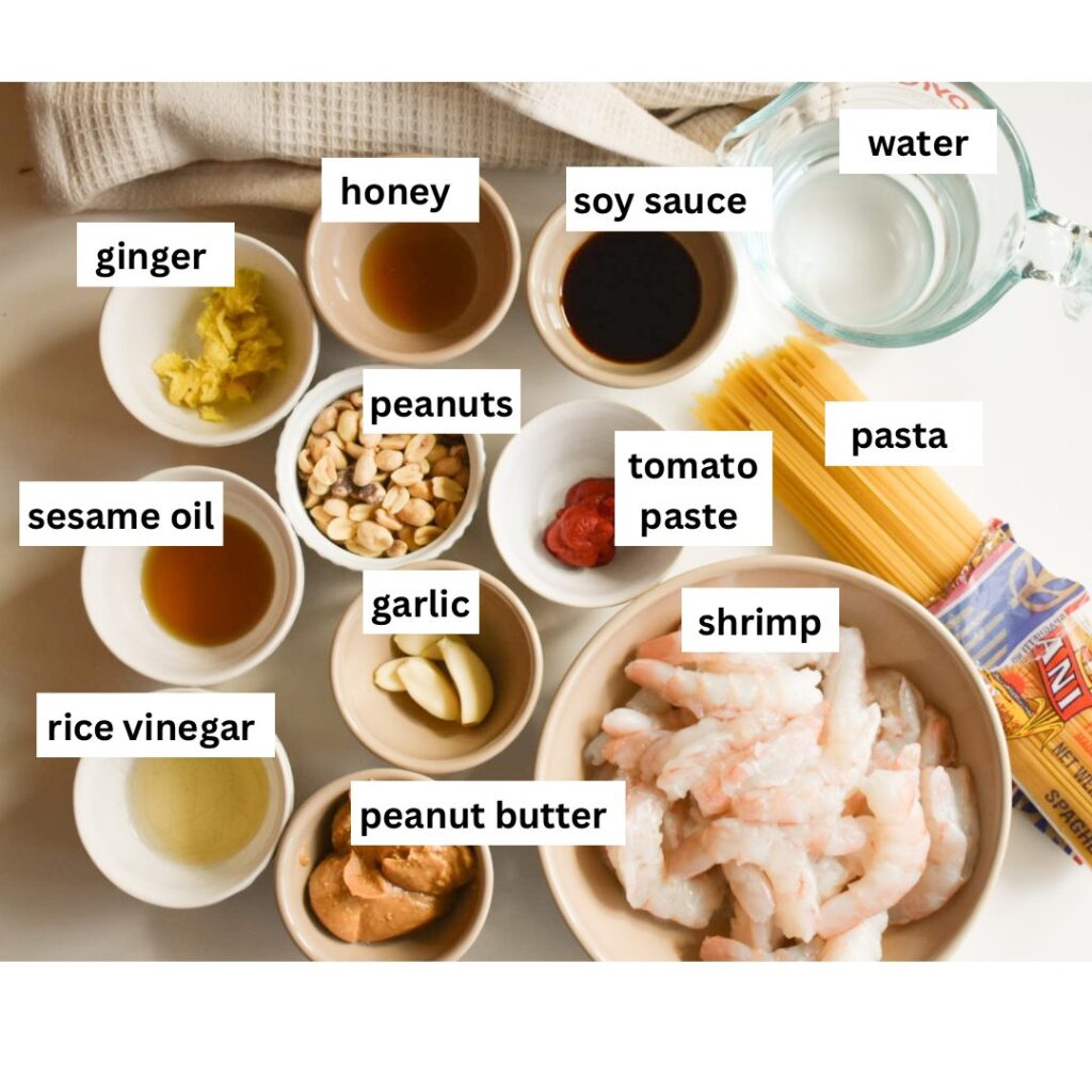 Labeled ingredients for homemade peanut sauce with spaghetti and shrimp