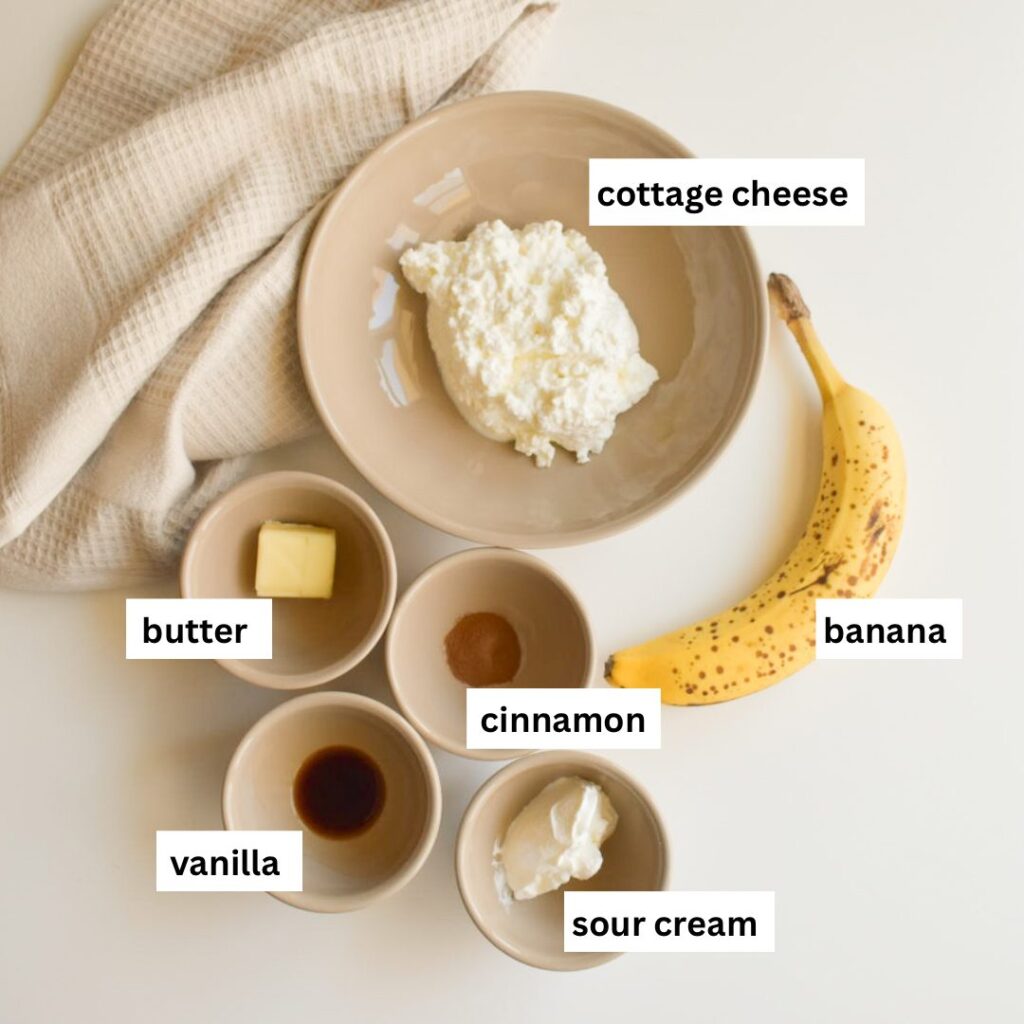 Ingredients in high protein pudding, topped with bananas
