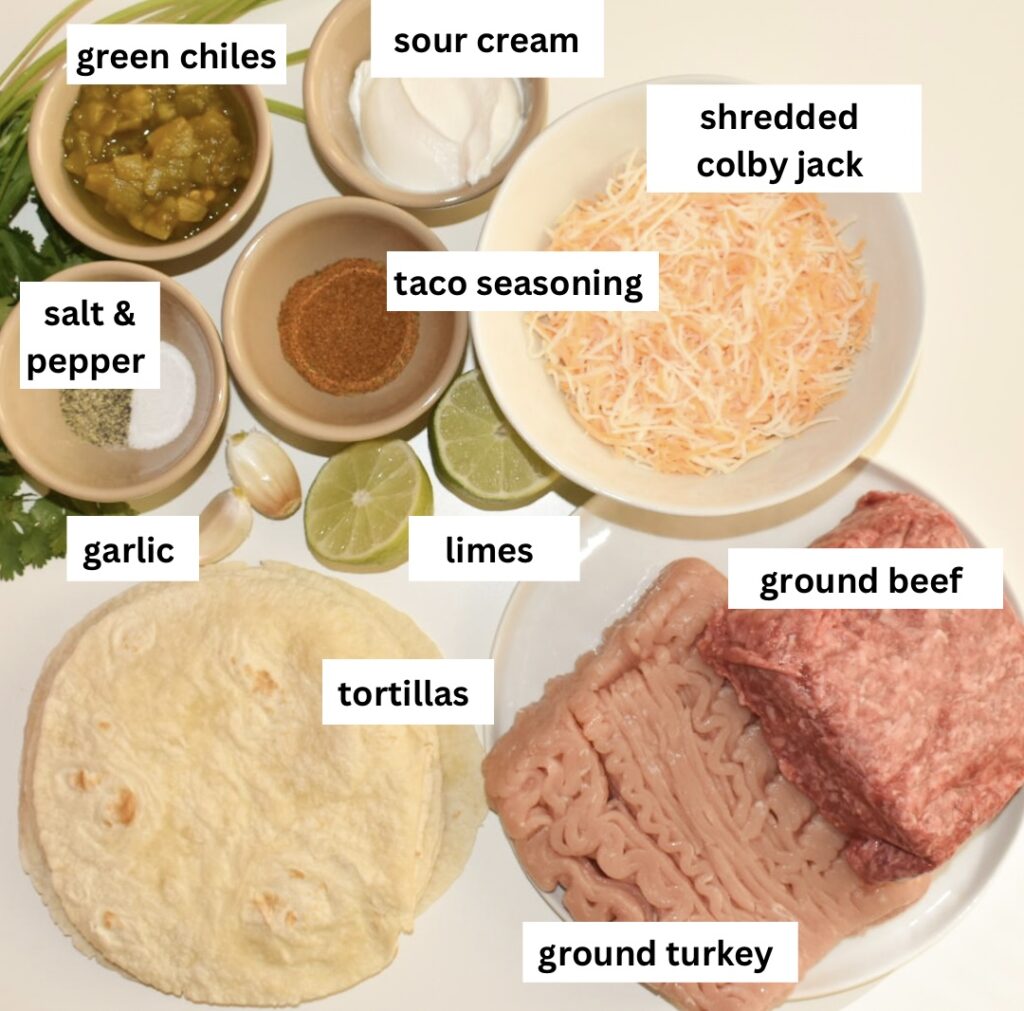 Ingredients for baked tacos, beef and turkey