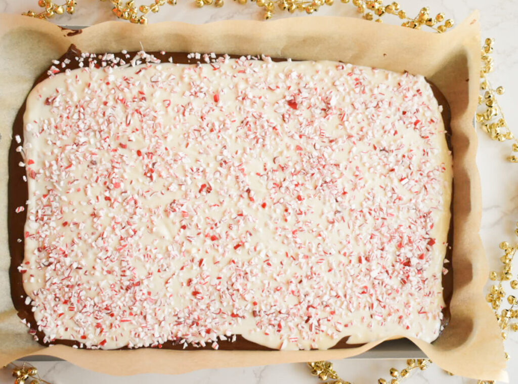 Peppermint bark ready to harden in the freezer