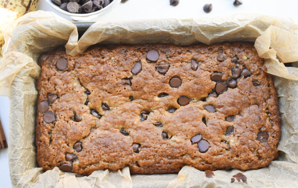 Banana bread made with cottage cheese, applesauce, and chocolate chips, fresh out of the oven.