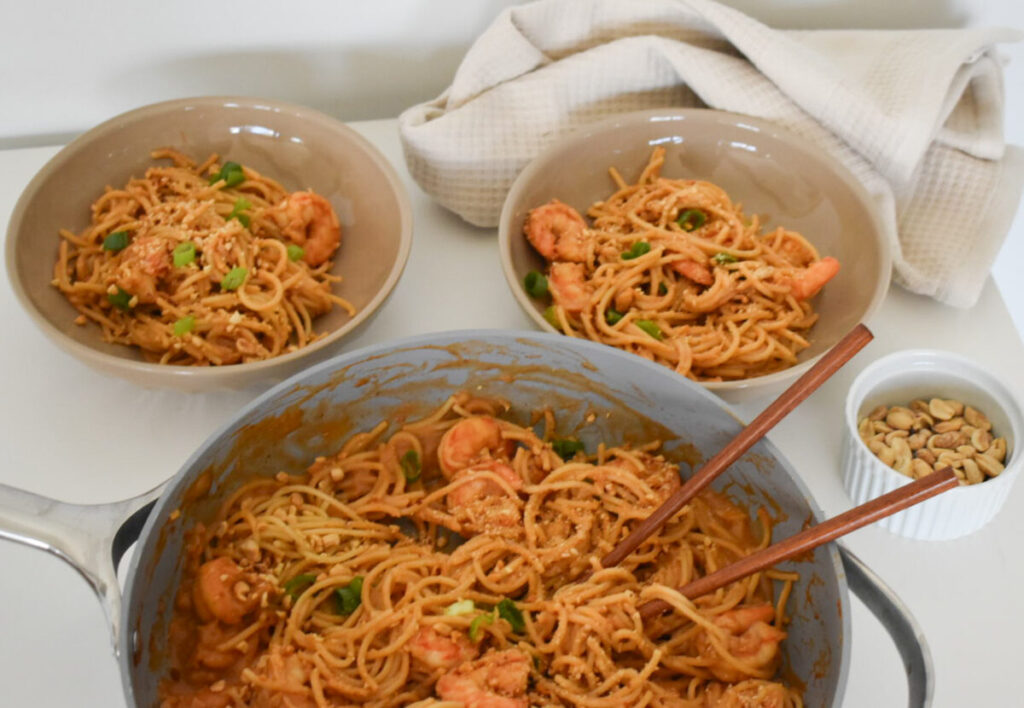 spaghetti noodles with shrimp, tossed in a Thai inspired peanut sauce.