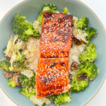 Air fryer salmon served with mashed potatoes and broccoli.