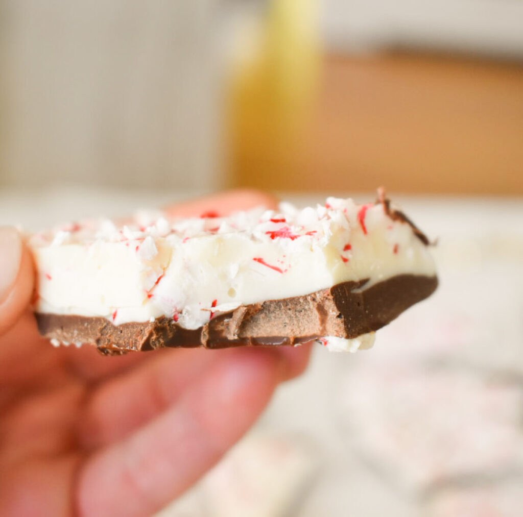 Easy to make holiday sweet treat with dark chocolate, white chocolate, and peppermint