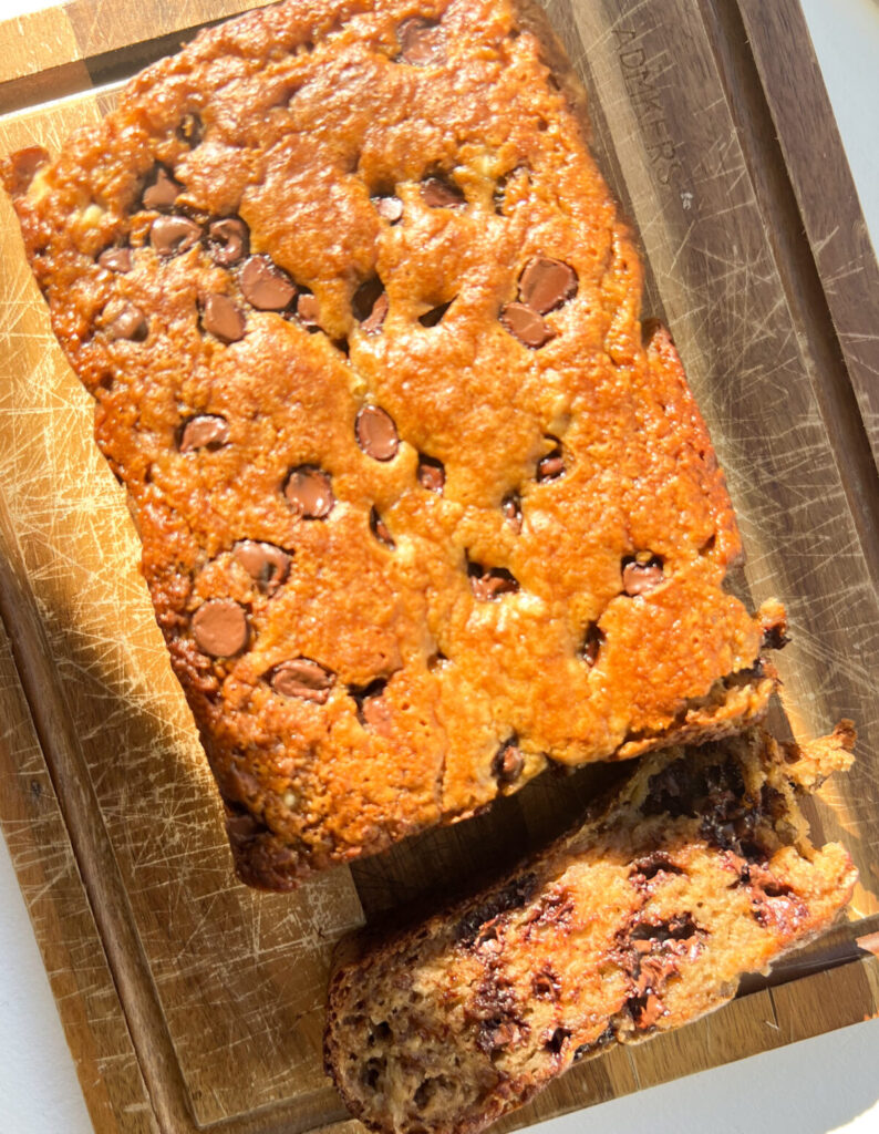 Freshly baked banana bread made with cottage cheese and unsweetened applesauce for a lower fat content