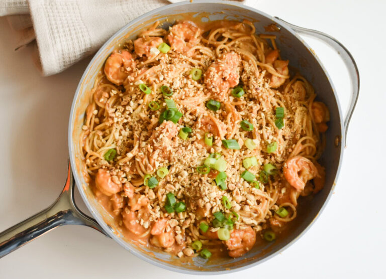 Spaghetti noodles with a fresh peanut sauce.