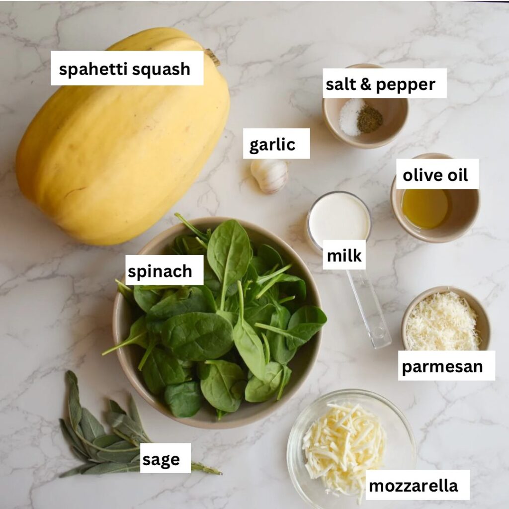 ingredients in roasted spaghetti squash with cheese sauce