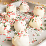 No bake peanut butter snowballs with holiday sprinkles