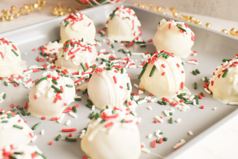 No bake peanut butter snowballs with holiday sprinkles