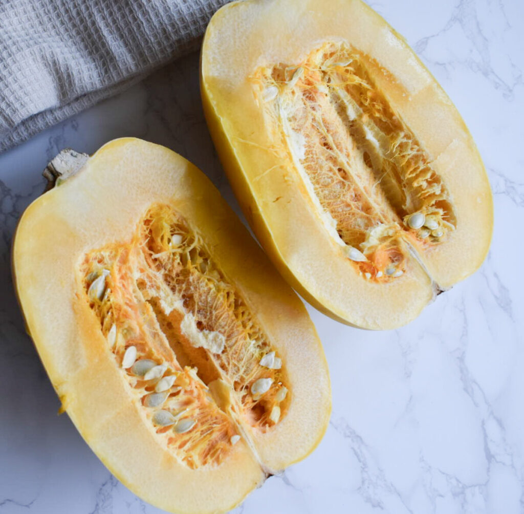 spaghetti squash cut in half length wise