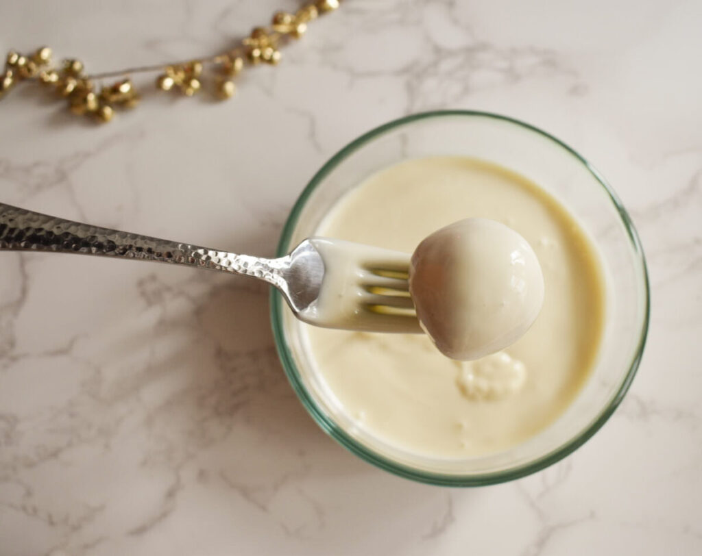 snowball after being dipped in white chocolate