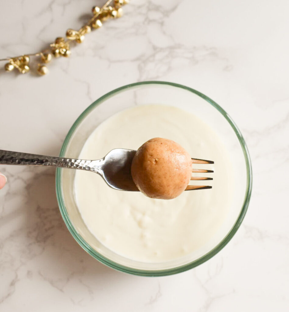 peanut butter snowball before being dipped in white chocolate