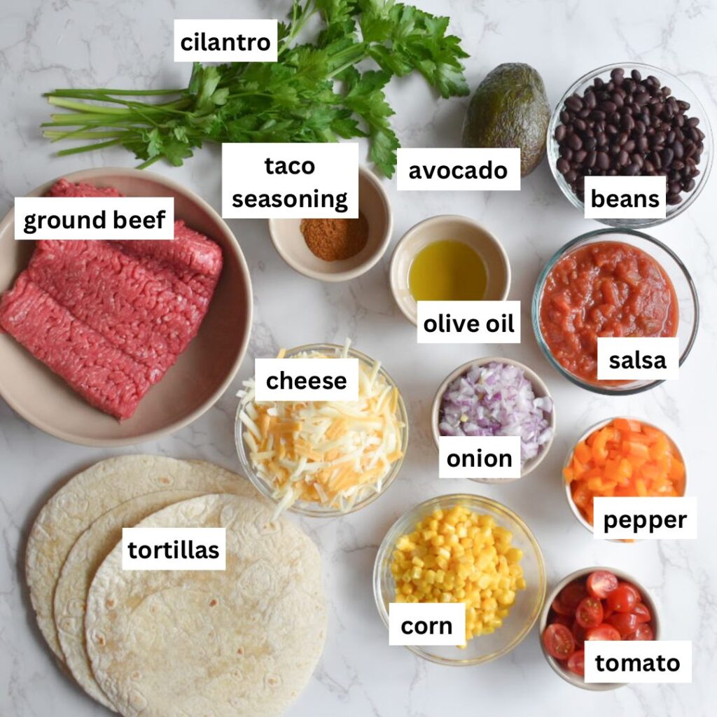 Ingredients in beef taco bake