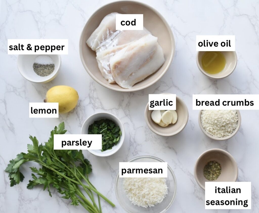 ingredients in Baked Lemon, Parmesan & Panko Crusted Cod Fillets