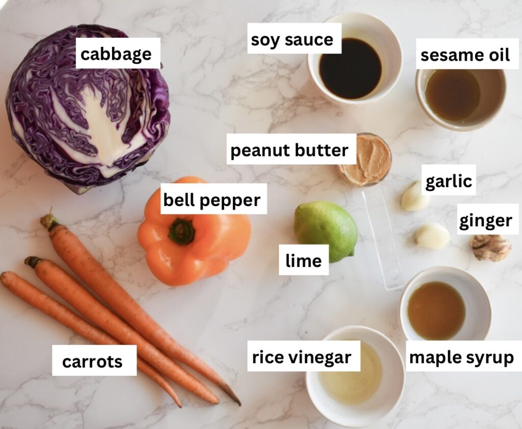 ingredients in purple cabbage slaw with peanut sauce