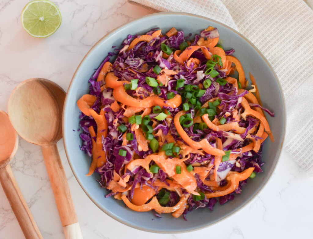 tangy peanut sauce on cabbage slaw