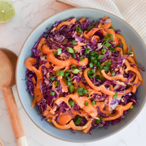 tangy peanut sauce on cabbage slaw