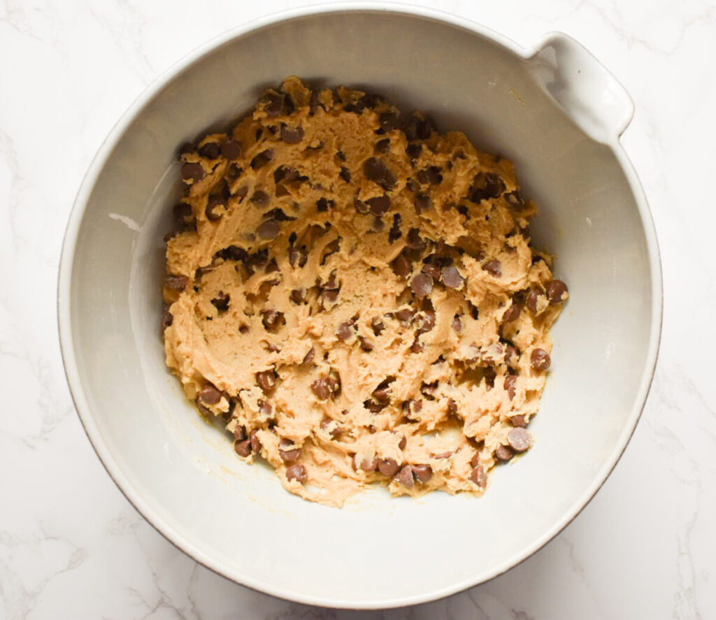 prepared chocolate chip cookie dough ready to be baked