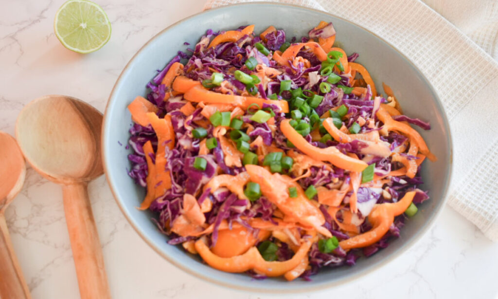 delicious purple cabbage slaw with tangy peanut sauce