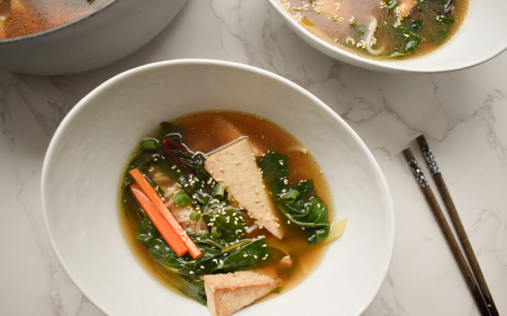 miso soup with tofu, udon noodles and vegetables