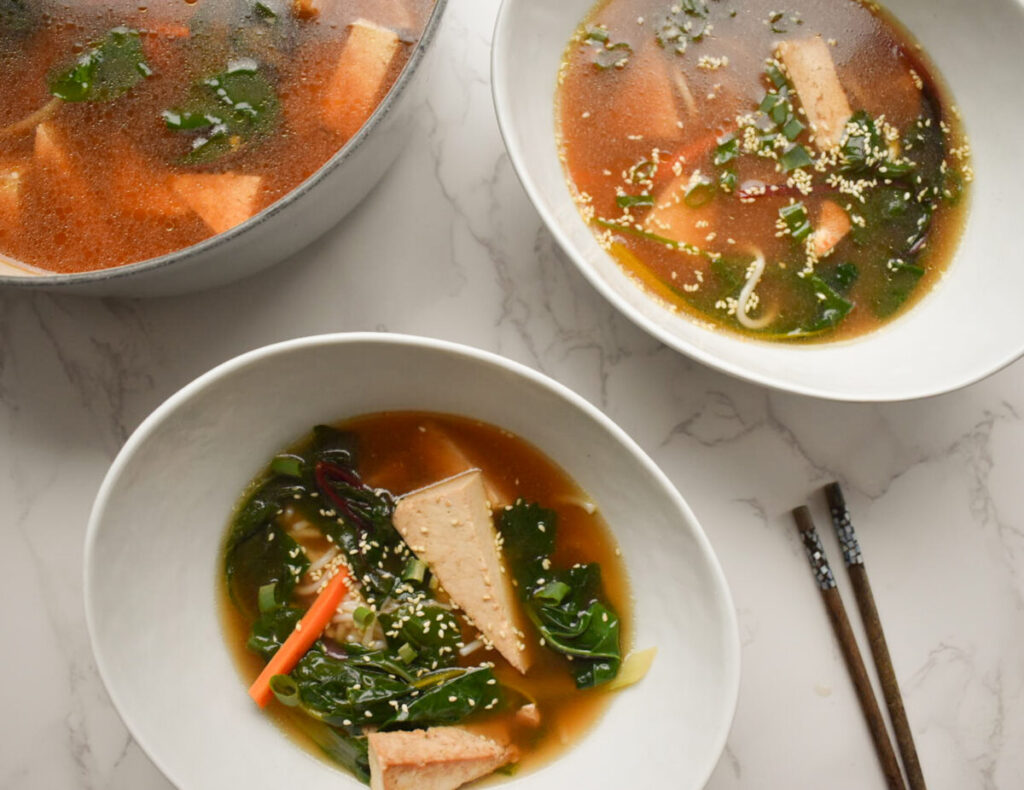 udon noodles in miso broth, vegan