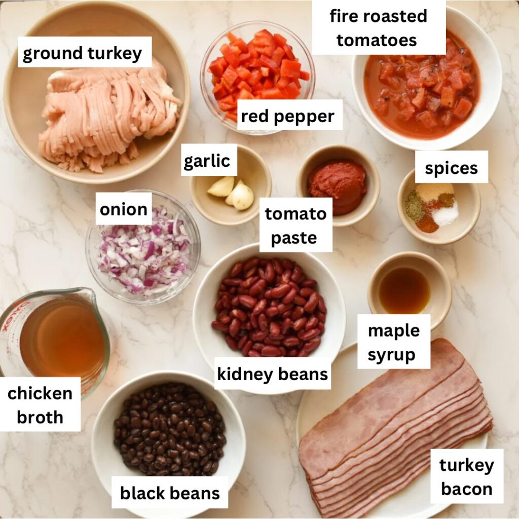 Ingredients in turkey chili with turkey bacon