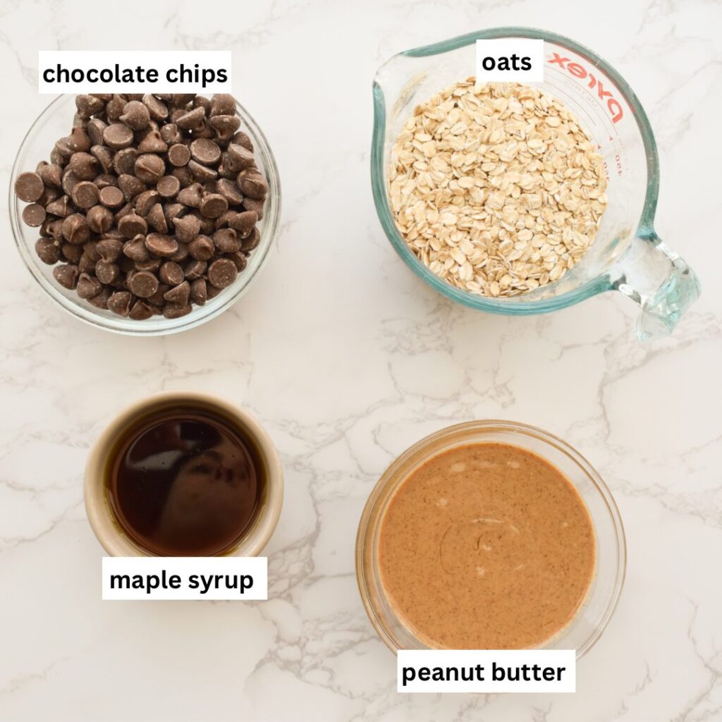 ingredients in no-bake oatmeal bars with chocolate and peanut butter