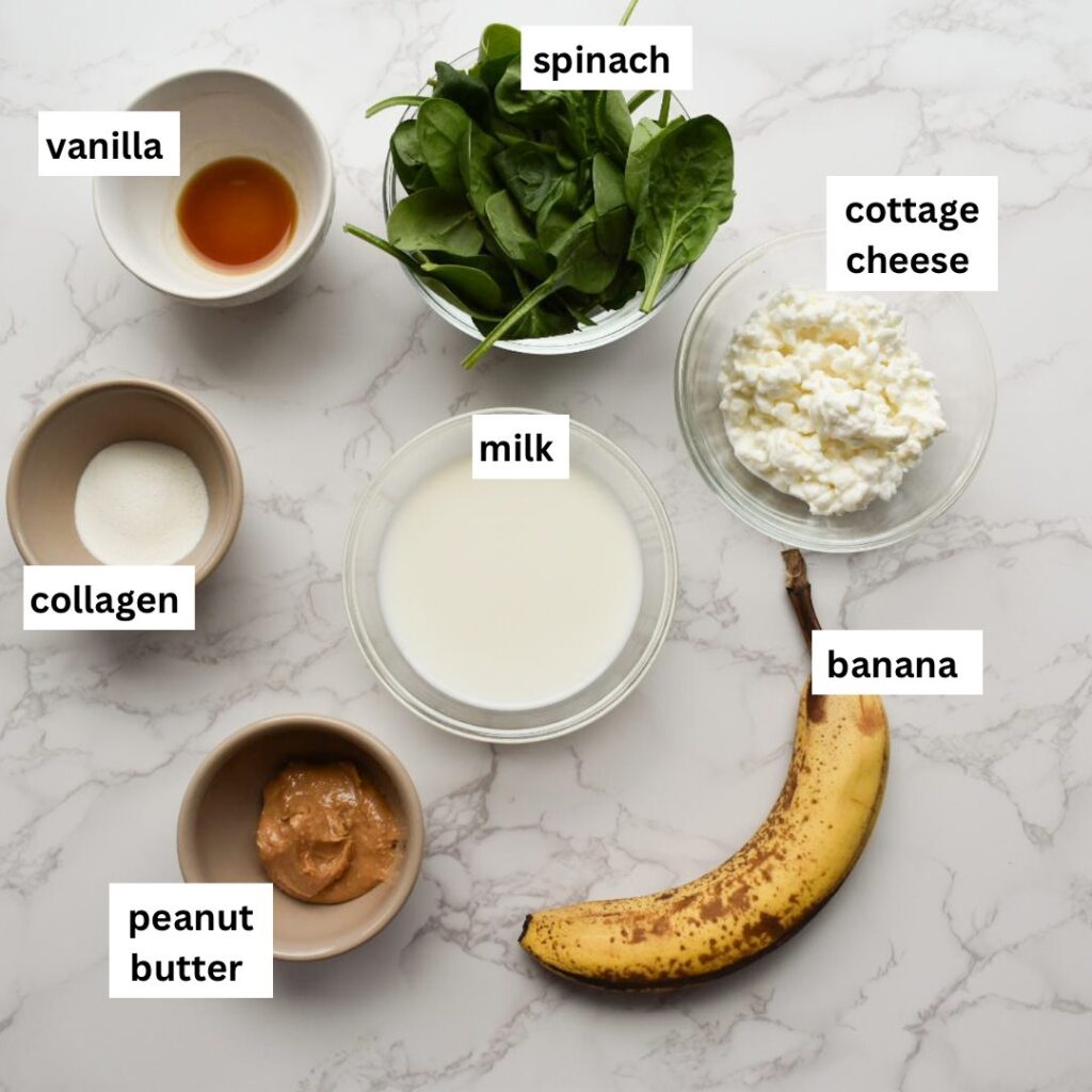 Ingredients in green smoothie with protein and heart healthy fats