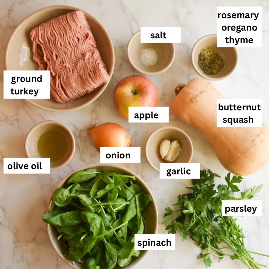 ingredients in sheet pan recipe with squash and ground turkey