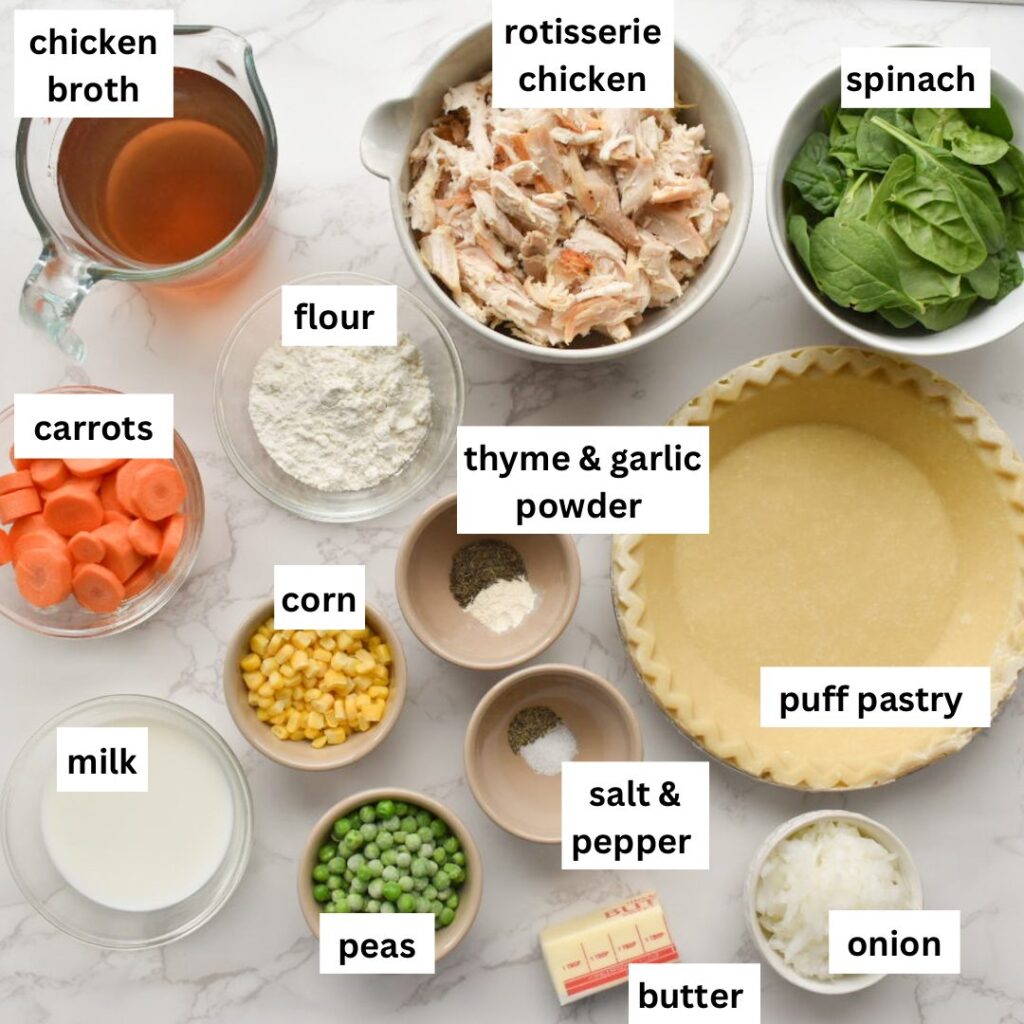 ingredients for chicken pot pie, a complete meal