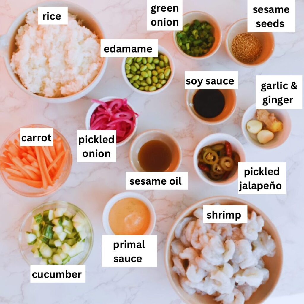 Ingredients in homemade shrimp poke bowls