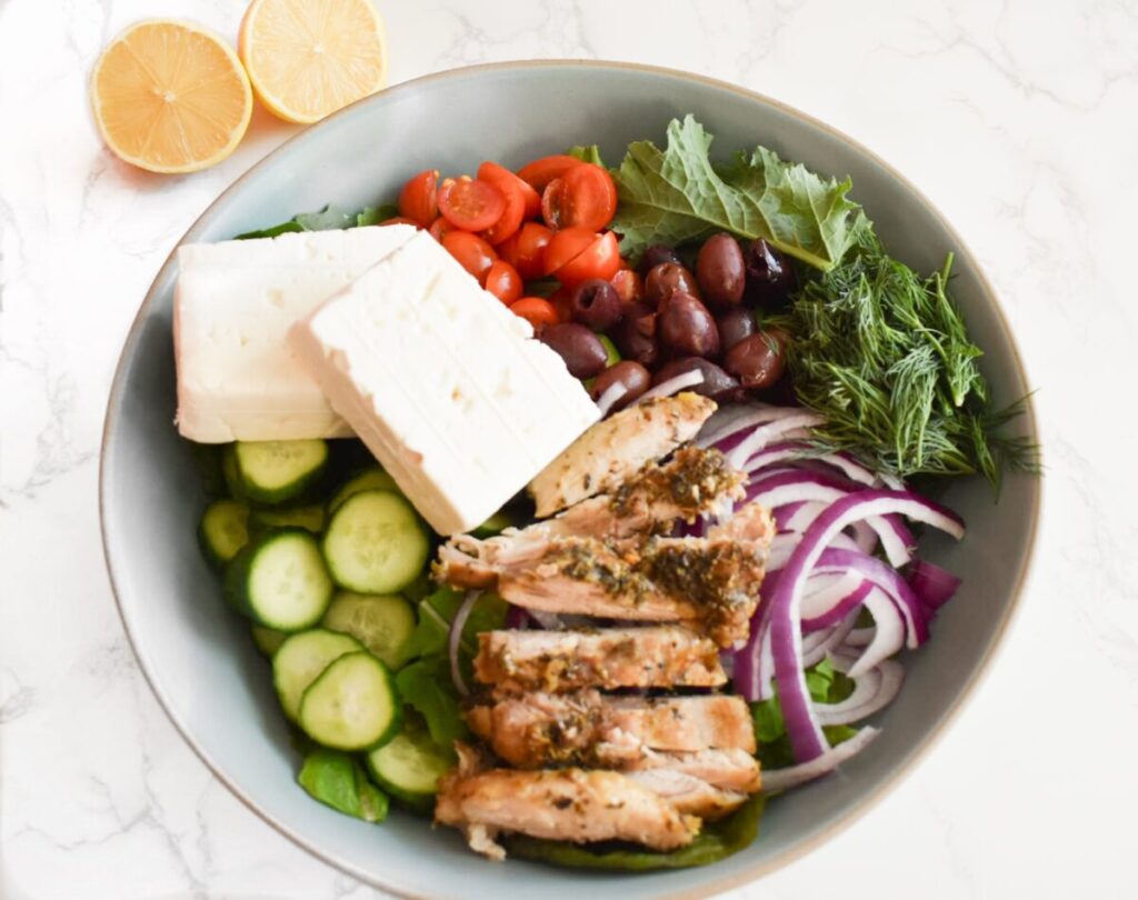 greek salad before tossing with tzatziki dressing and lemon juice