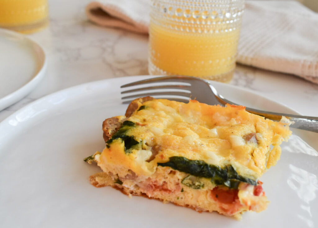 egg casserole made with veggies, cottage cheese, and chicken sausage