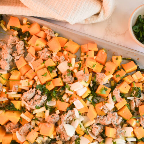 sheet pan bake with ground turkey, squash, apple, and spinach