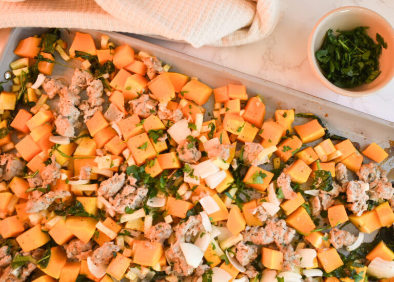 sheet pan bake with ground turkey, squash, apple, and spinach