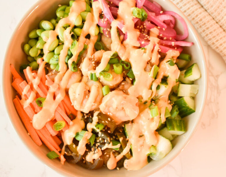 shrimp poke bowl with rice, veggies, and special sauce