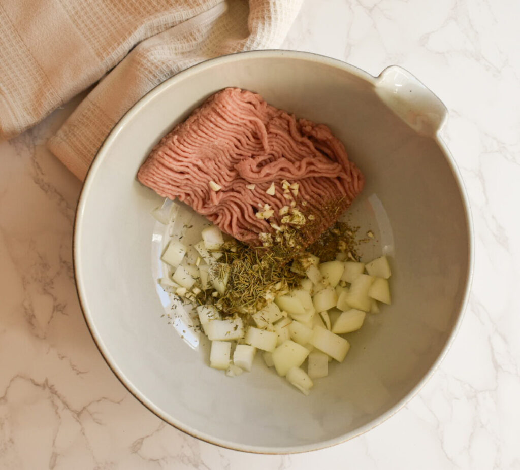 ground turkey with onion and herbs for sheet pan meal