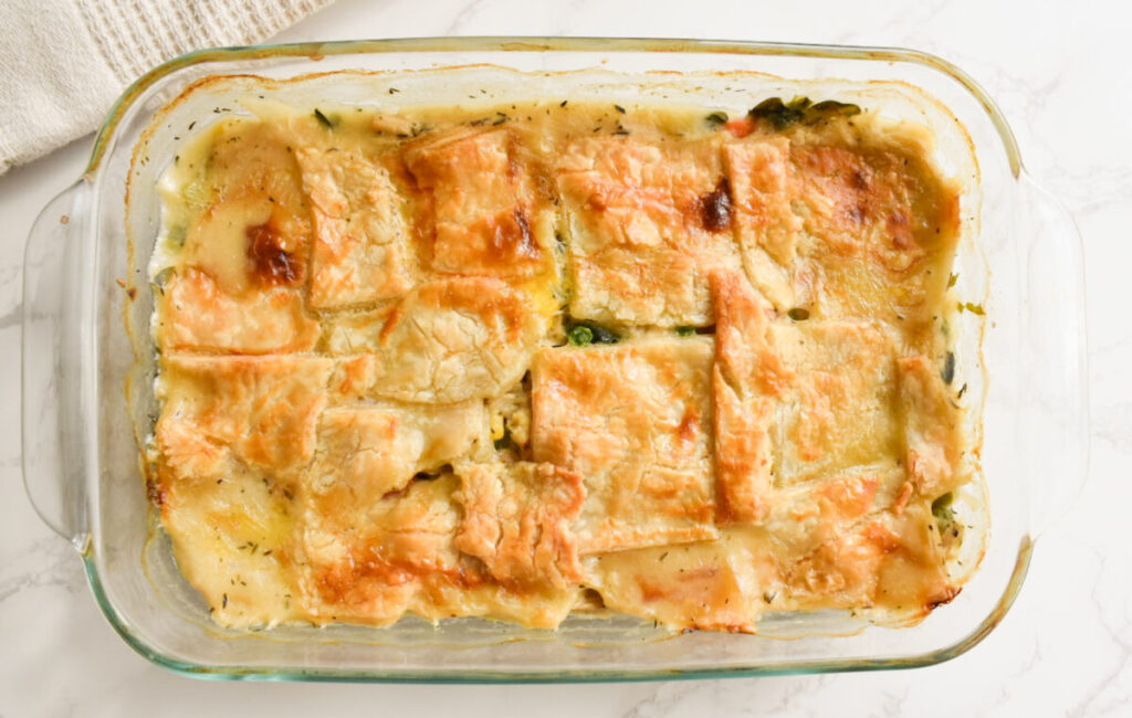 chicken pot pie with golden crust
