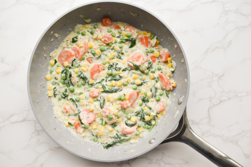 mixture of chicken and veggies for chicken pot pie