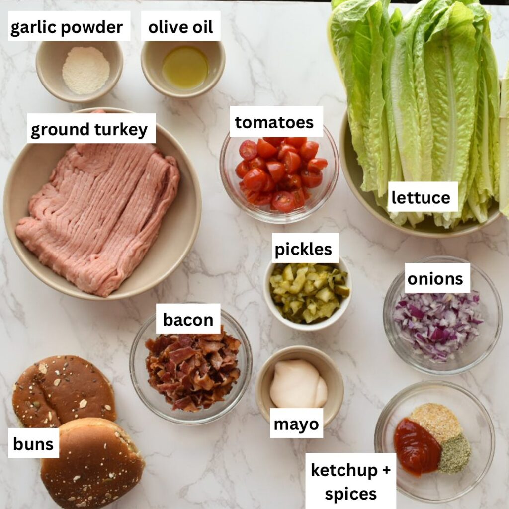 ingredients in healthy deconstructed burger bowls