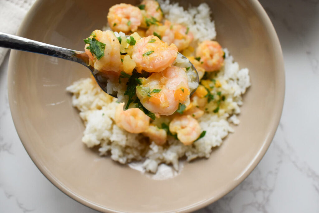 one pot coconut milk shrimp served over rice