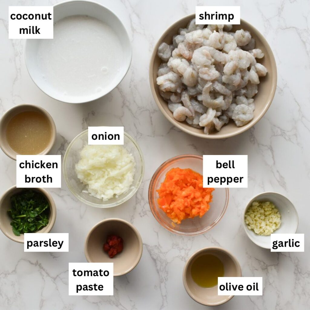 ingredients in one-pot coconut milk shrimp bowl